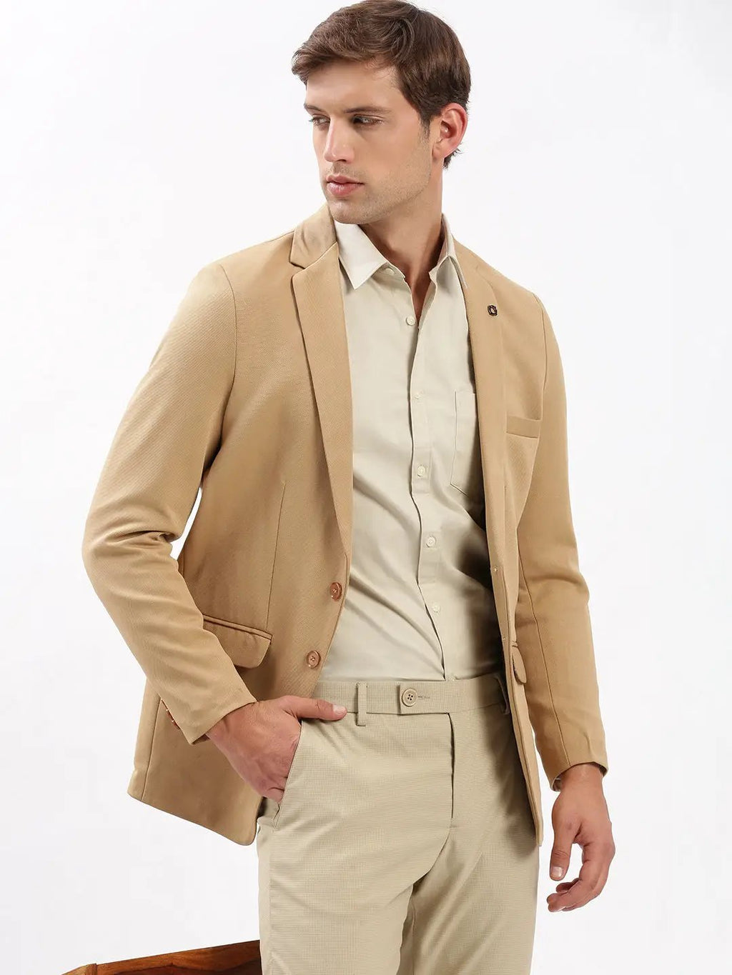 Men's Notched Lapel Solid Beige Casual Blazer