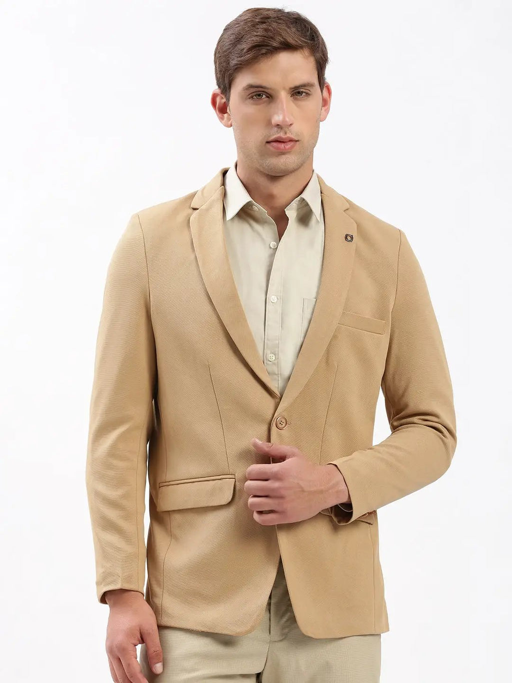 Men's Notched Lapel Solid Beige Casual Blazer