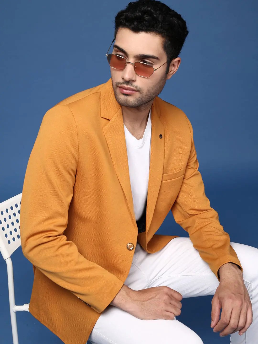 Men's Mustard Notched Lapel Slim Fit Single Breasted Blazer