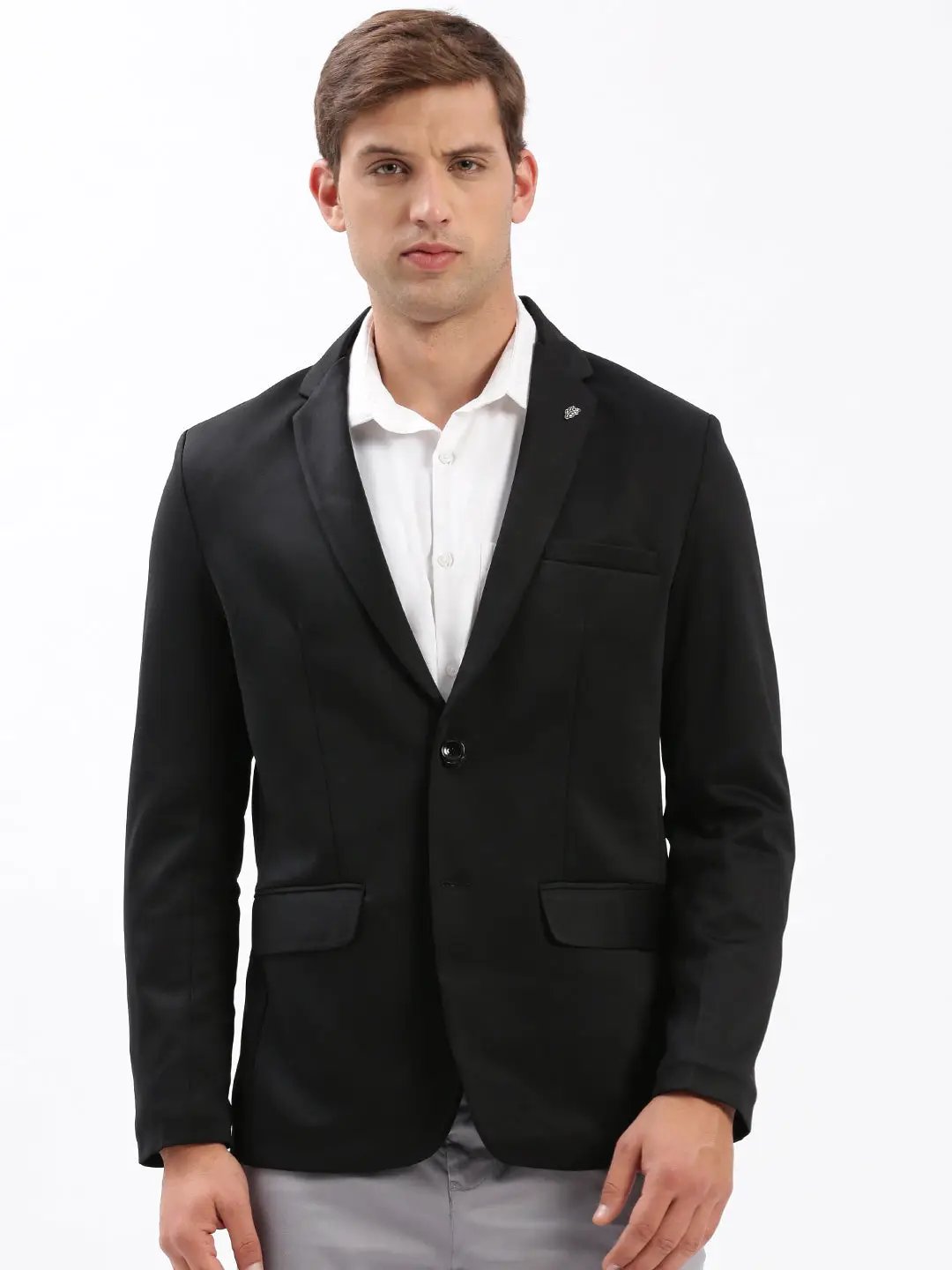 Men's Black Slim-Fit Notched Lapel Collar Single-Breasted Blazer