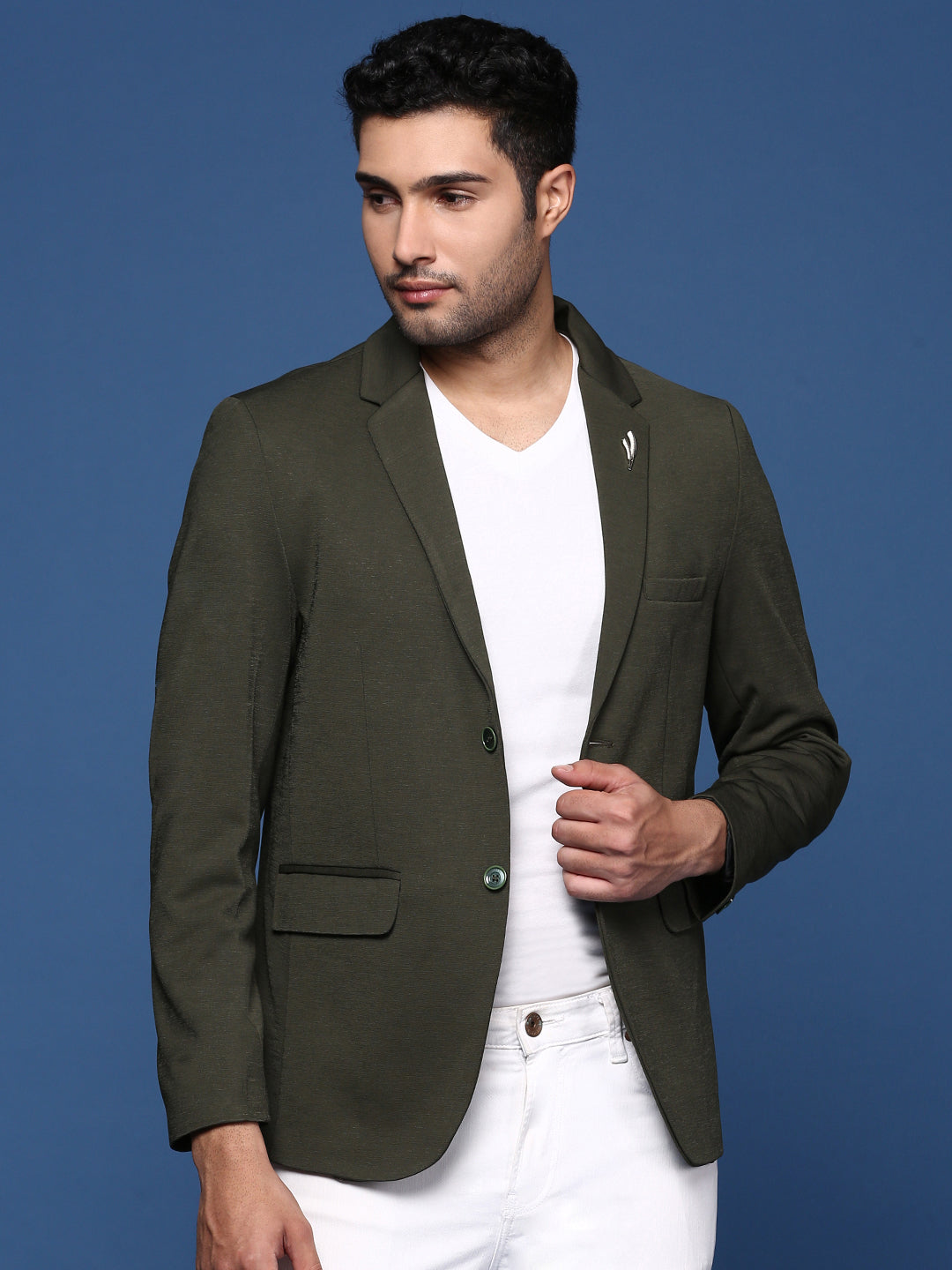 Men's Green Solid Single Breasted Blazer