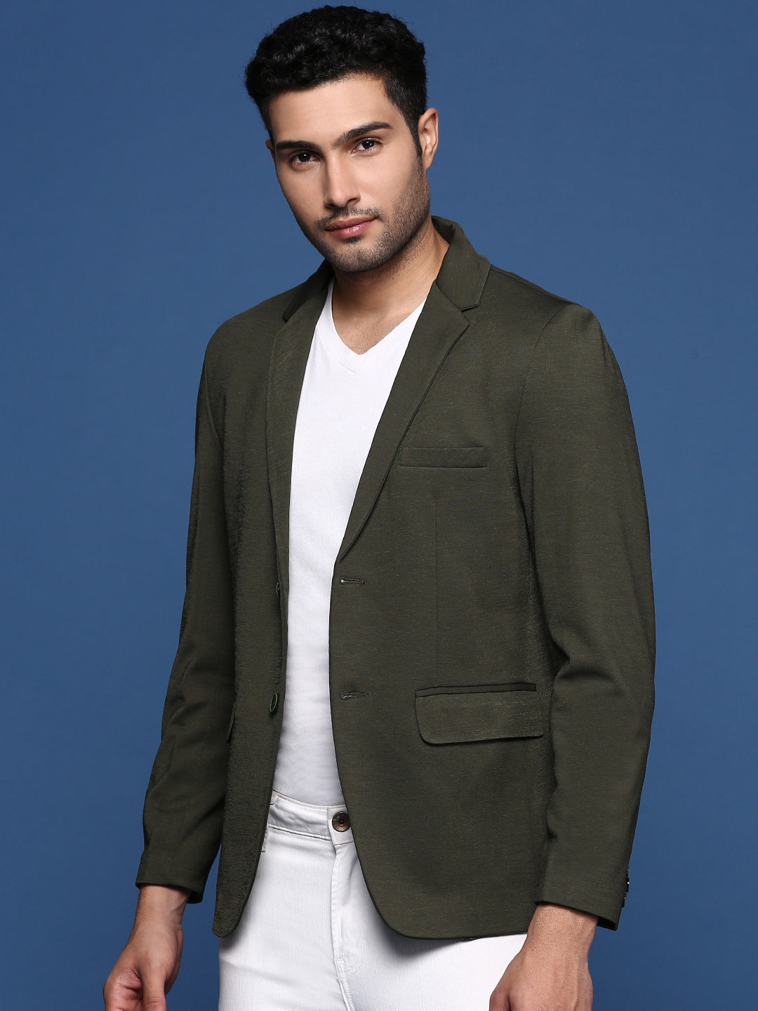 Men's Green Solid Single Breasted Blazer