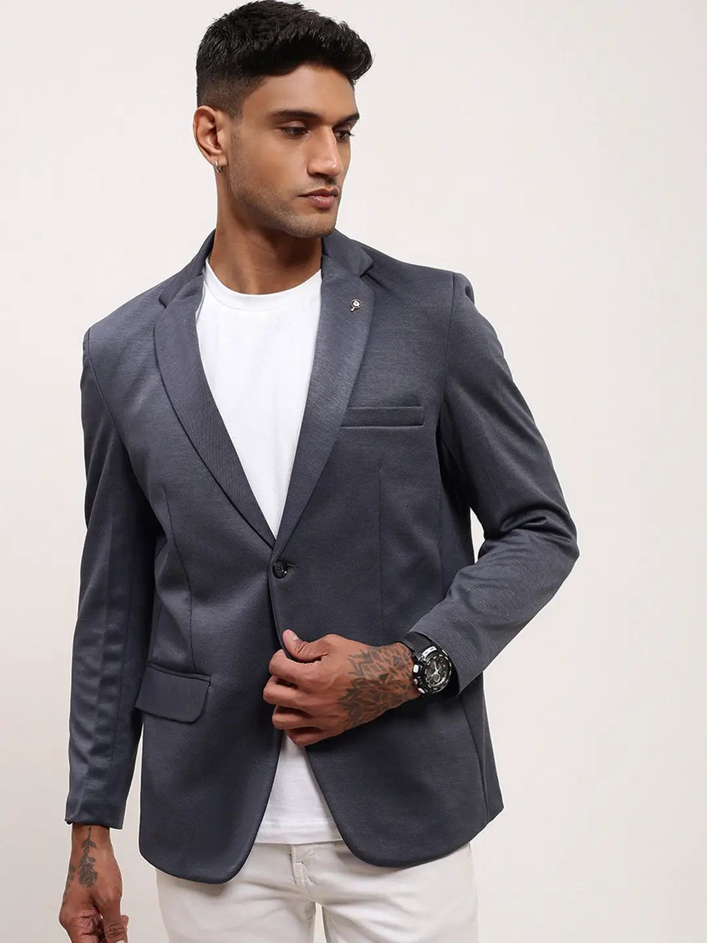 Men's Grey Solid Single Breasted Blazer