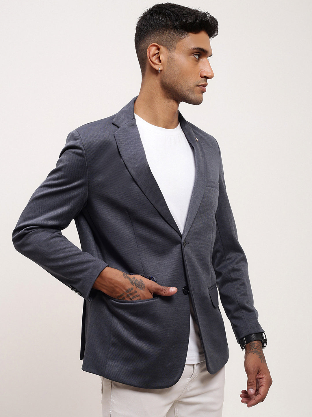 Men's Grey Solid Single Breasted Blazer
