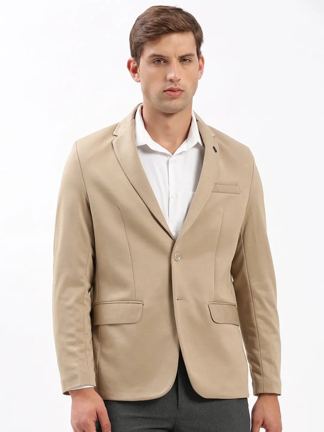 Men's Beige Solid Single Breasted Blazer