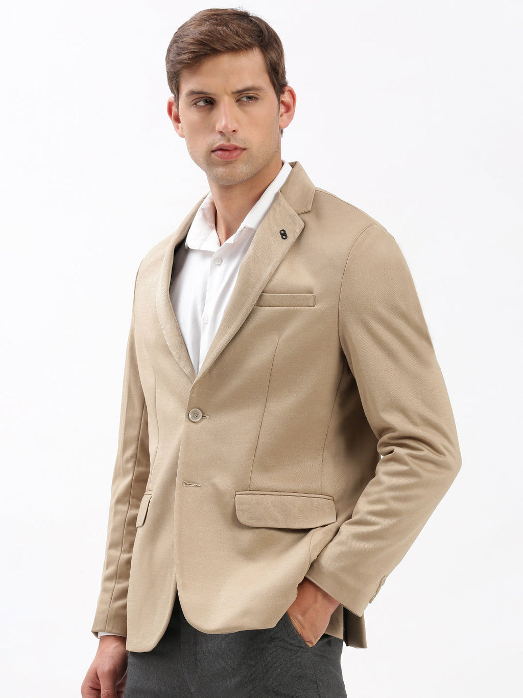 Men's Beige Solid Single Breasted Blazer