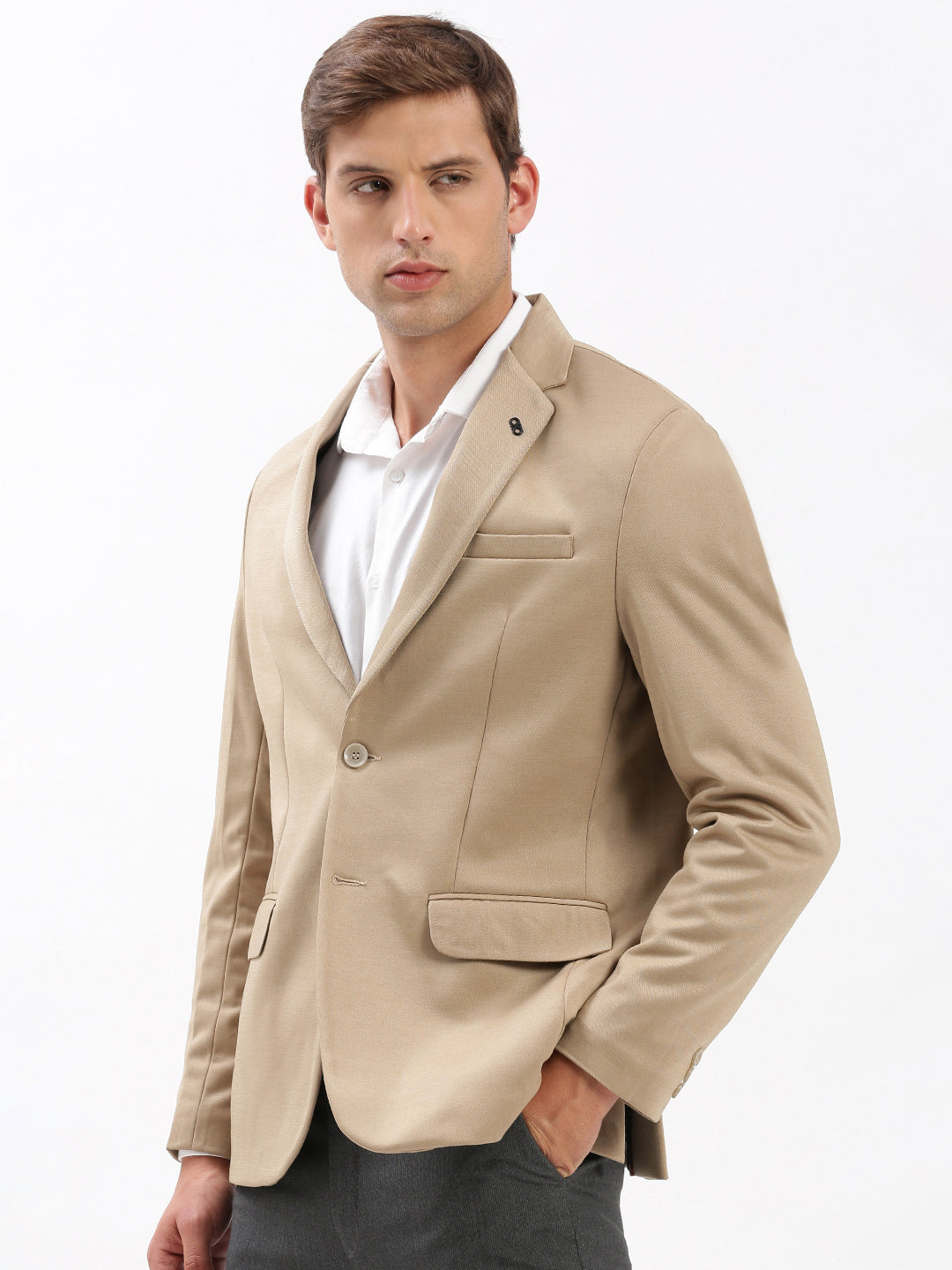 Men's Beige Solid Single Breasted Blazer