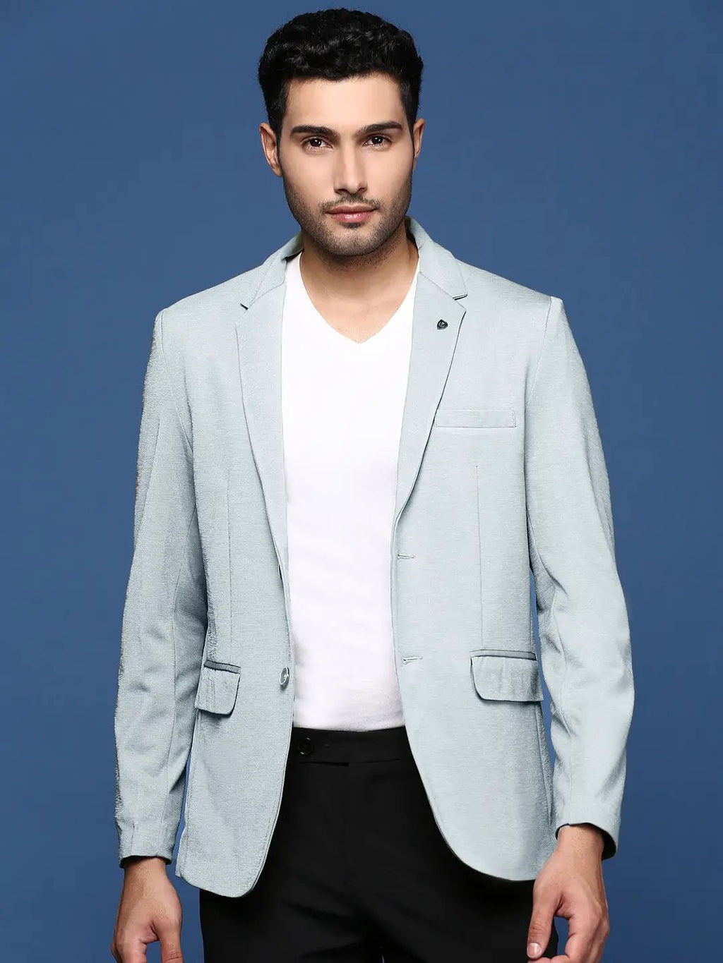 Men's Blue Solid Single Breasted Blazer