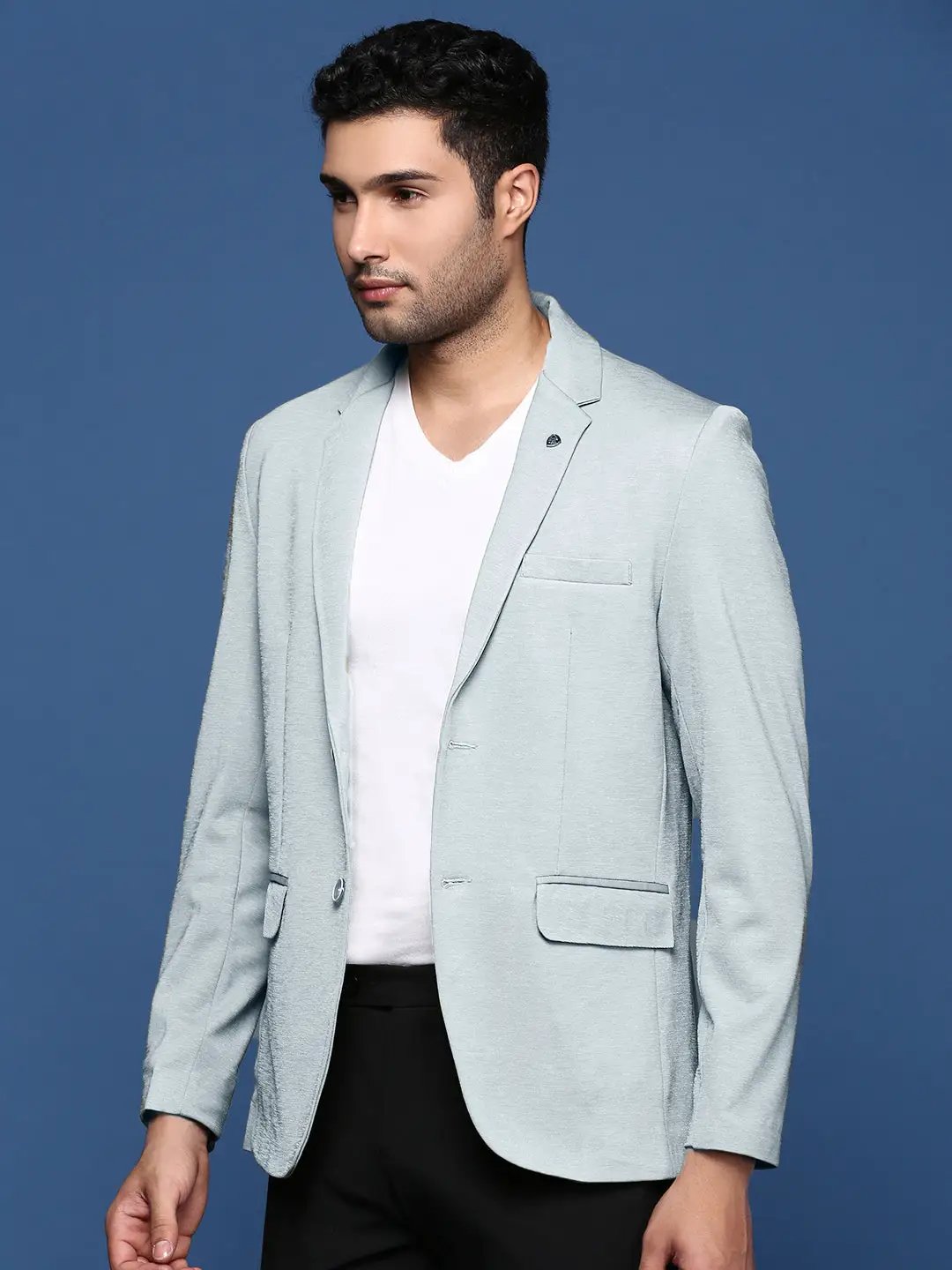Men's Blue Solid Single Breasted Blazer