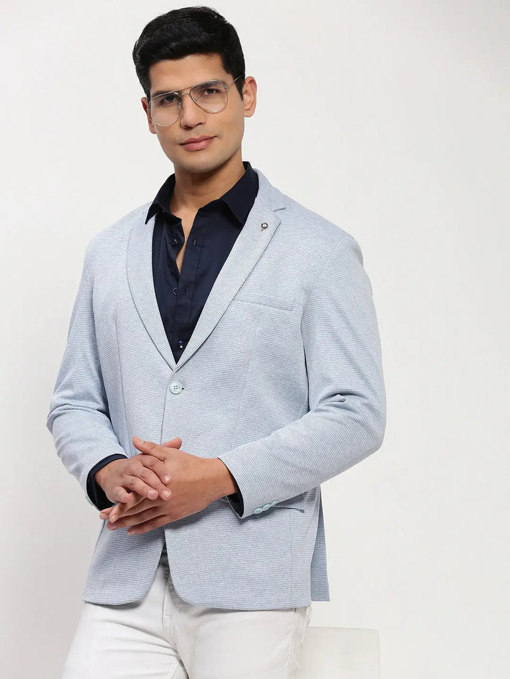 Men's Blue Self Design Single Breasted Blazer