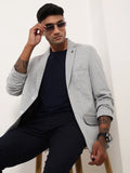 Men's Grey Self Design Slim Fit Single-Breasted Cotton Blazer