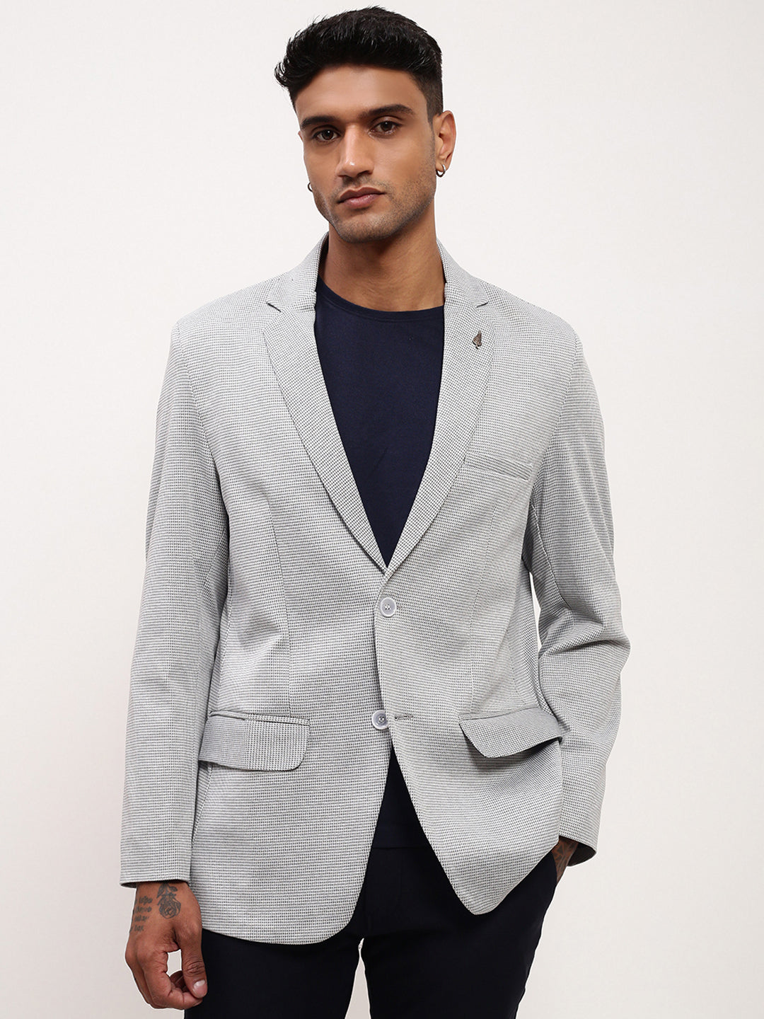 Men's Grey Self Design Slim Fit Single-Breasted Cotton Blazer