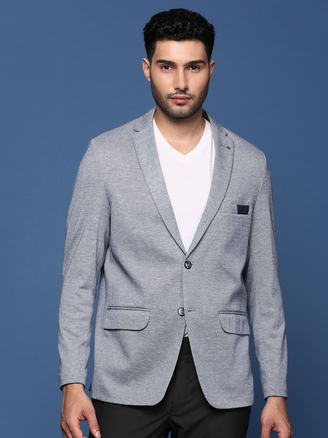 Men's Navy Blue Solid Single Breasted Blazer