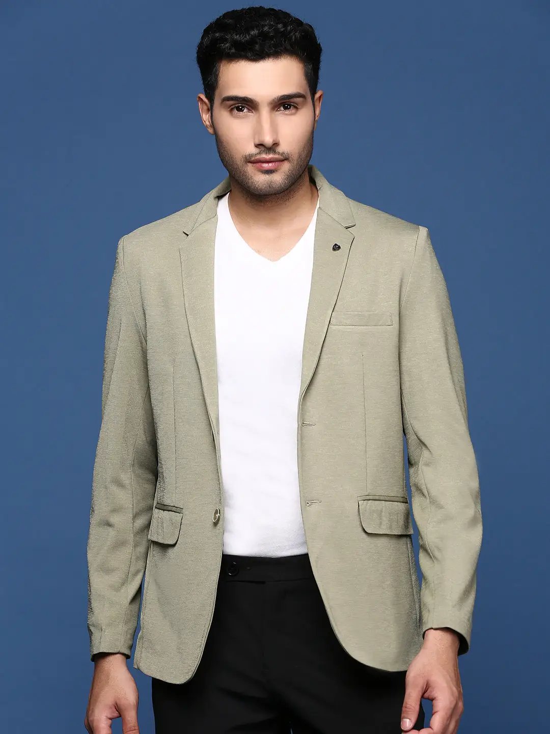 Men's Green Solid Single Breasted Blazer