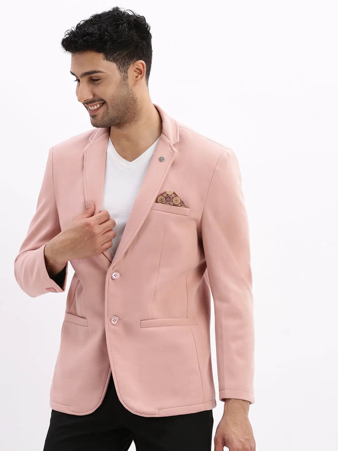 Men's Peach Solid Single Breasted Blazer
