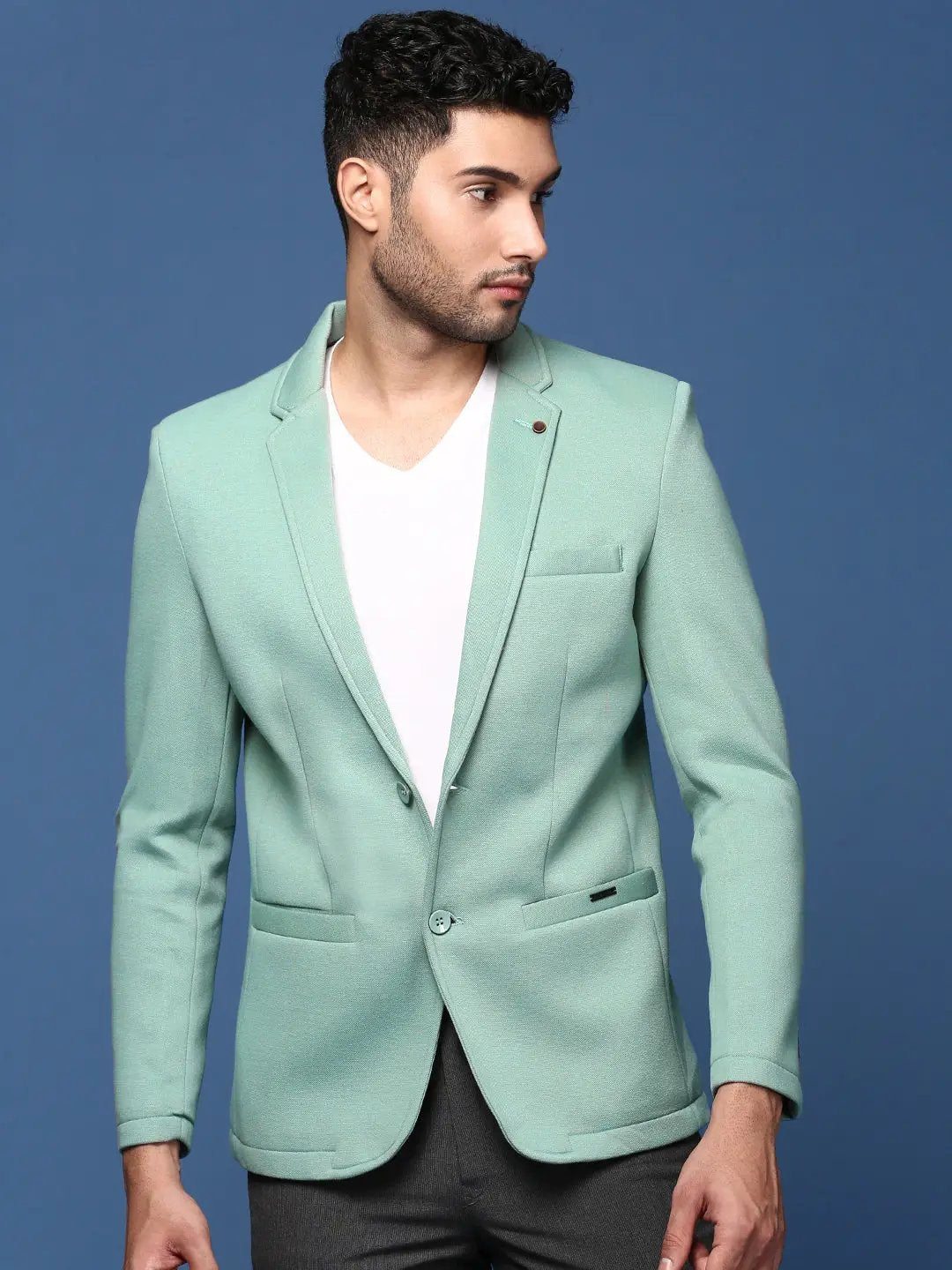 Men's Sea Green Solid Single Breasted Blazer