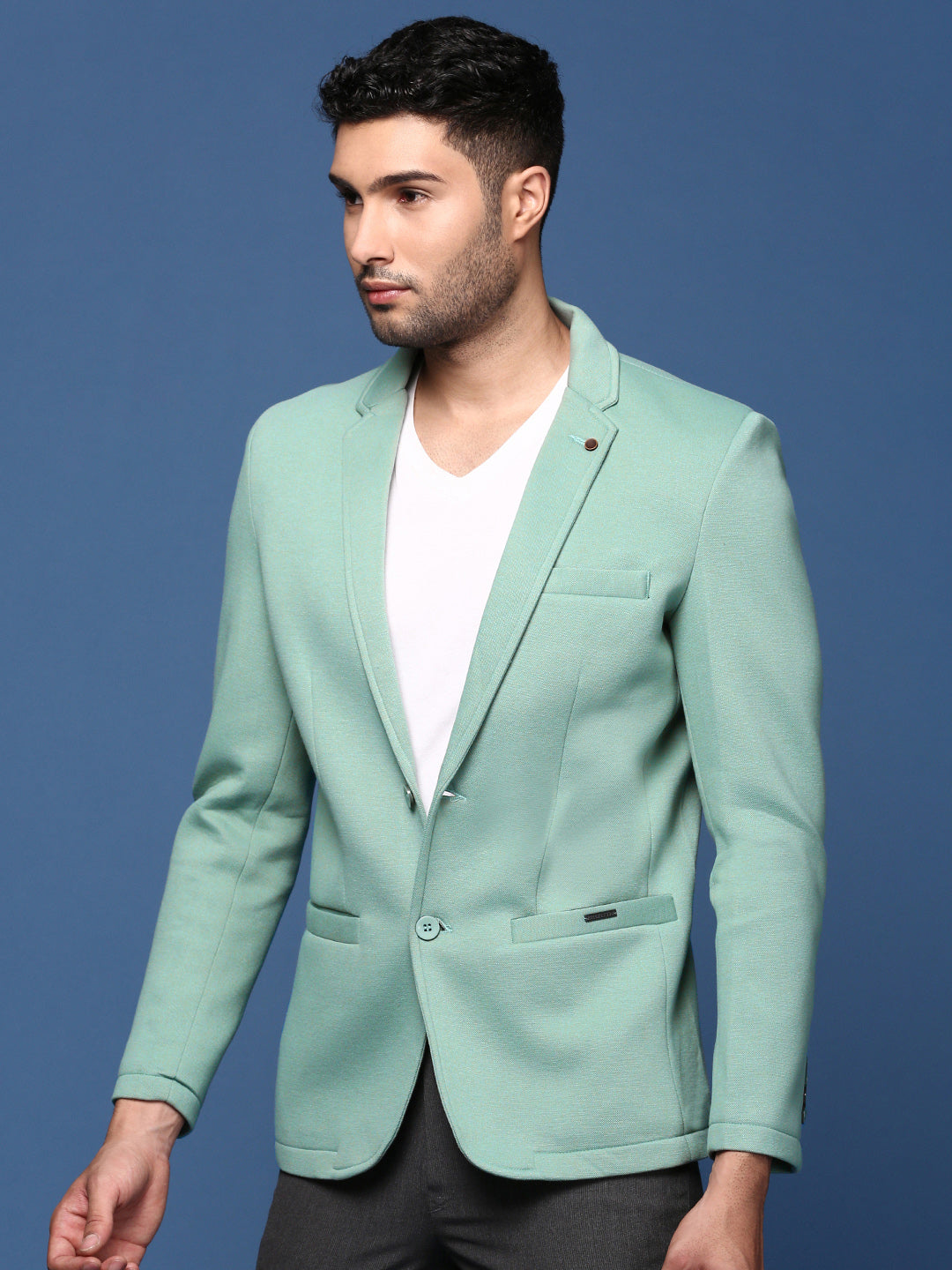 Men's Sea Green Solid Single Breasted Blazer