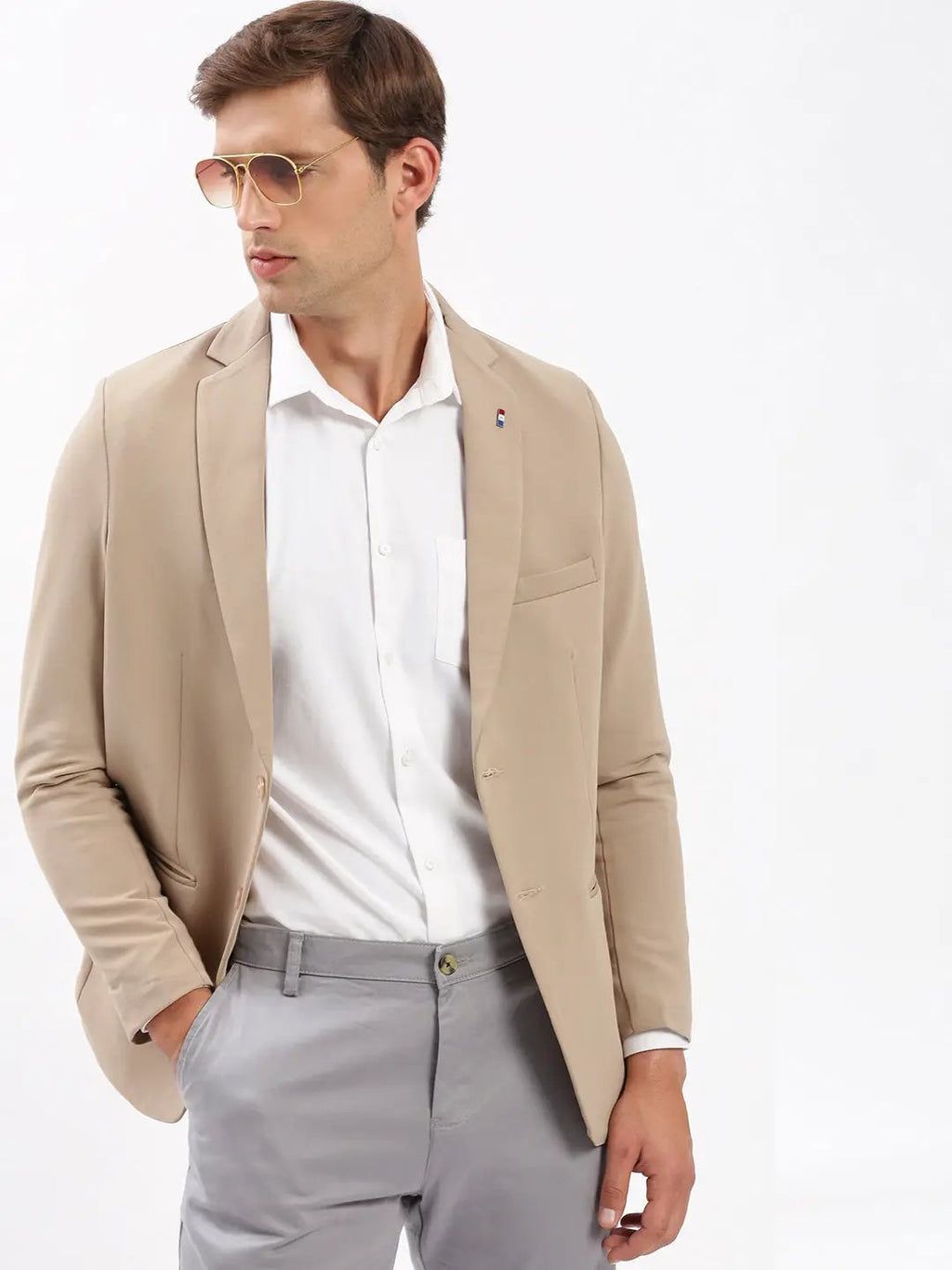Men's Beige Slim-Fit Notched Lapel Collar Single-Breasted Blazer