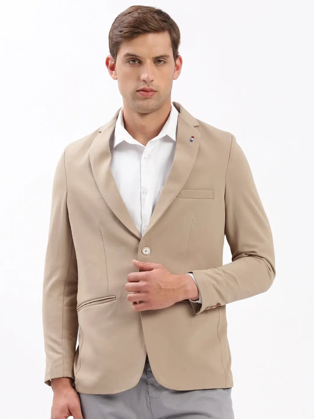 Men's Beige Slim-Fit Notched Lapel Collar Single-Breasted Blazer
