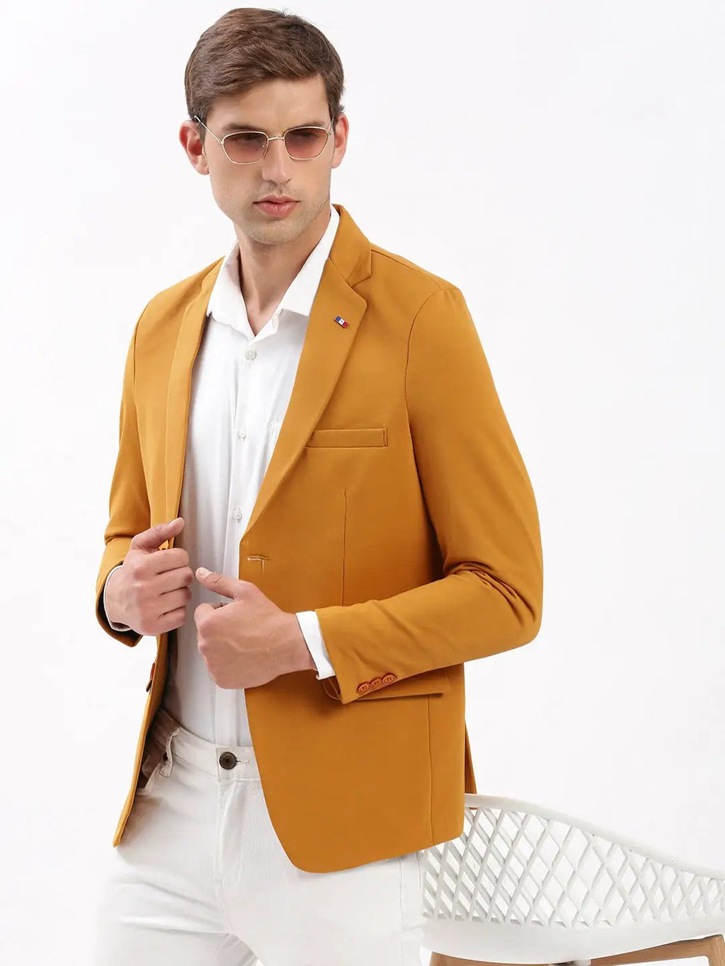 Men's Notched Lapel Solid Mustard Blazer