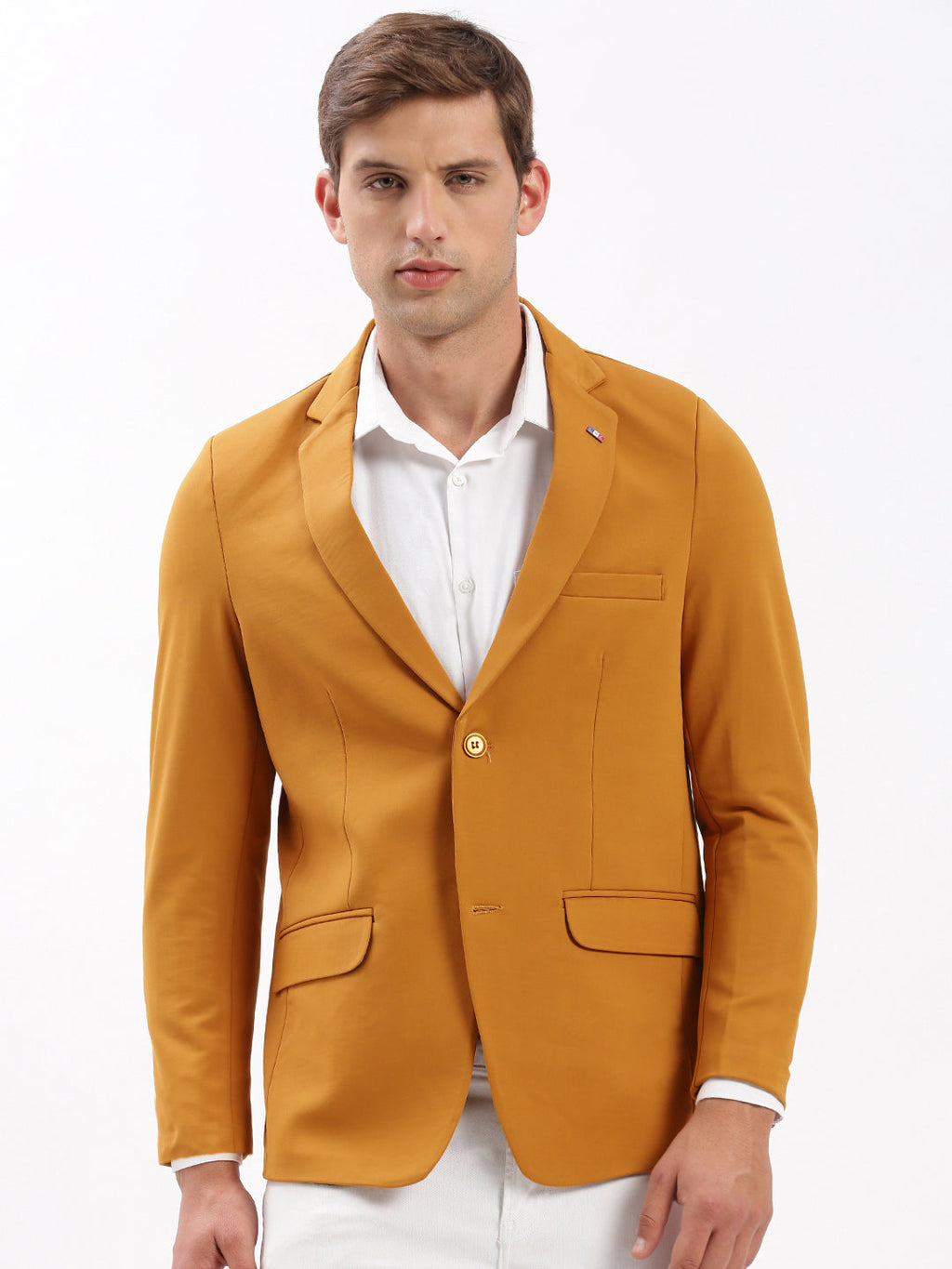 Men's Notched Lapel Solid Mustard Blazer
