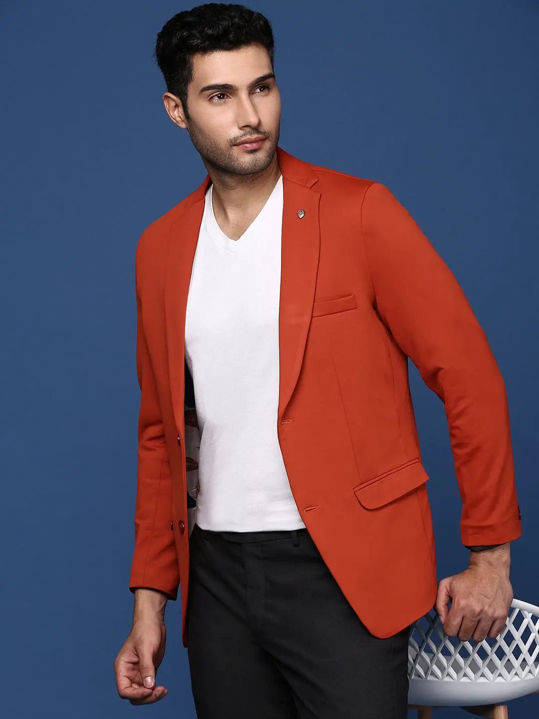Men's Rust Single-Breasted Slim-Fit Cotton Formal Blazer