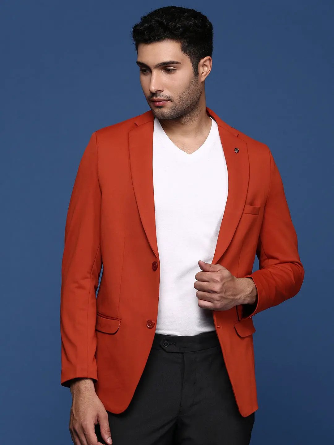 Men's Rust Single-Breasted Slim-Fit Cotton Formal Blazer