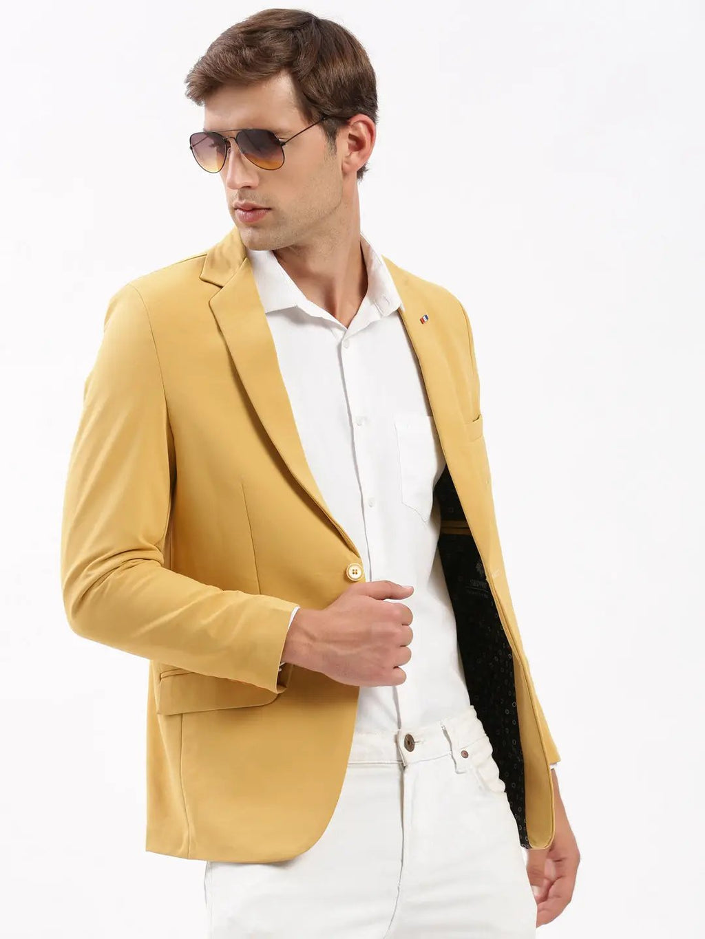 Men's Notched Lapel Solid Yellow Blazer