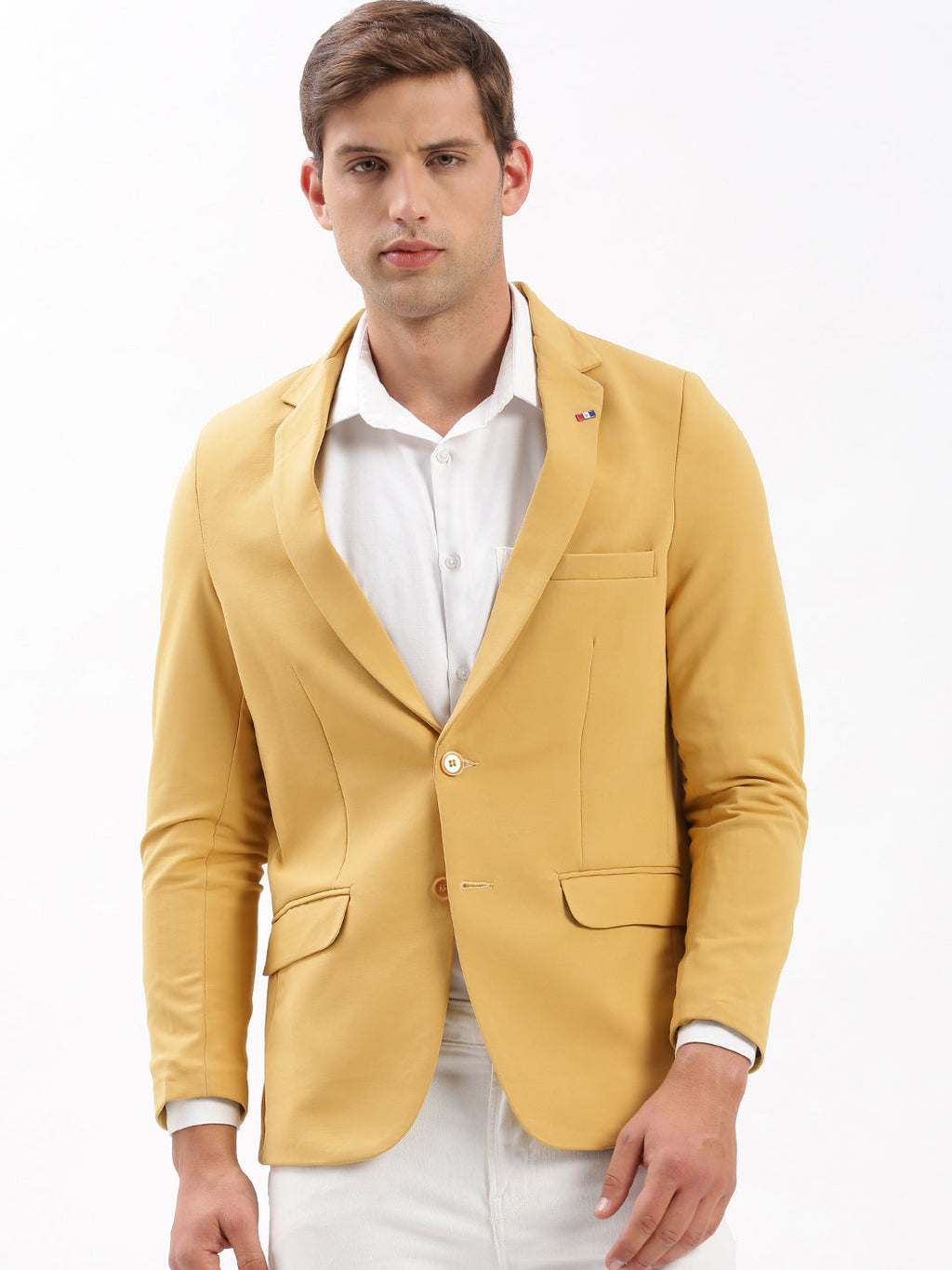 Men's Notched Lapel Solid Yellow Blazer