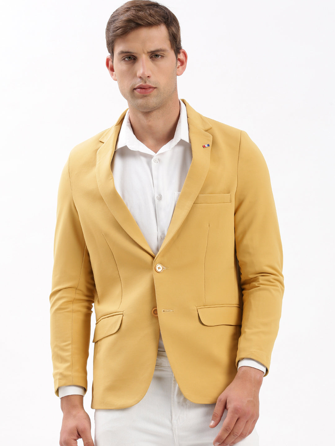 Men's Notched Lapel Solid Yellow Blazer