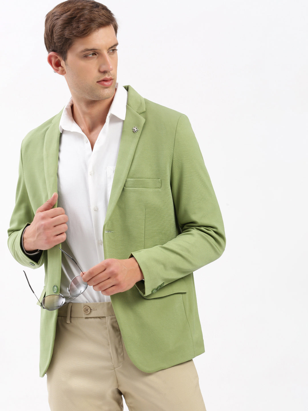 Men's Green Slim-Fit Notched Lapel Collar Single-Breasted Blazer