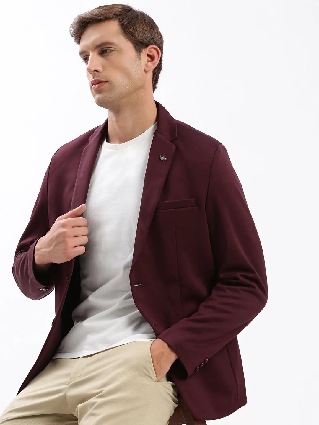 Men's Notched Lapel Solid Maroon Blazer
