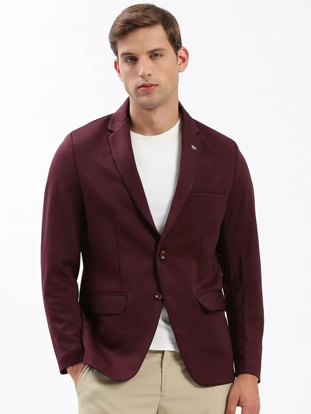 Men's Notched Lapel Solid Maroon Blazer