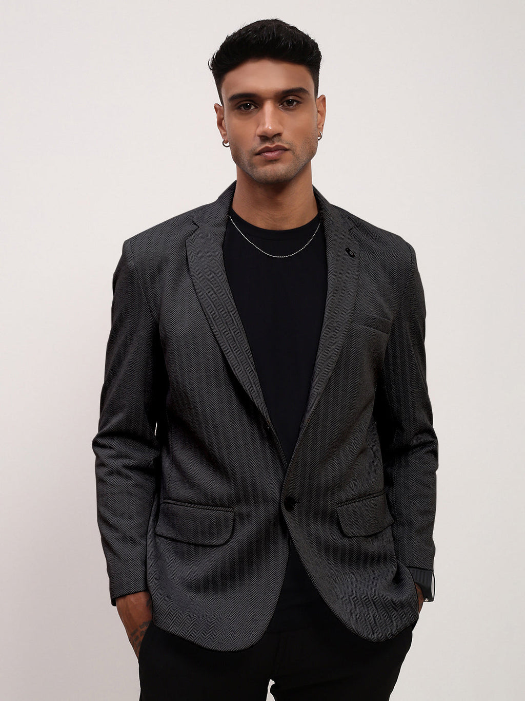 Men's Charcoal Self Design Single Breasted Blazer