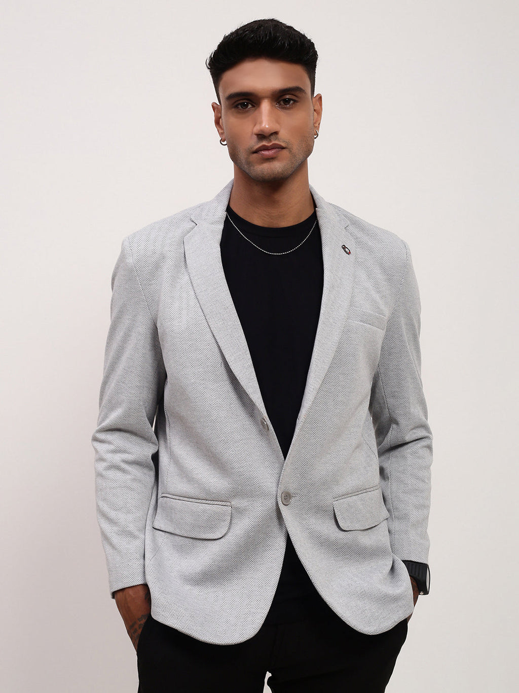 Men's Grey Self Design Slim-Fit Single-Breasted Casual Blazer
