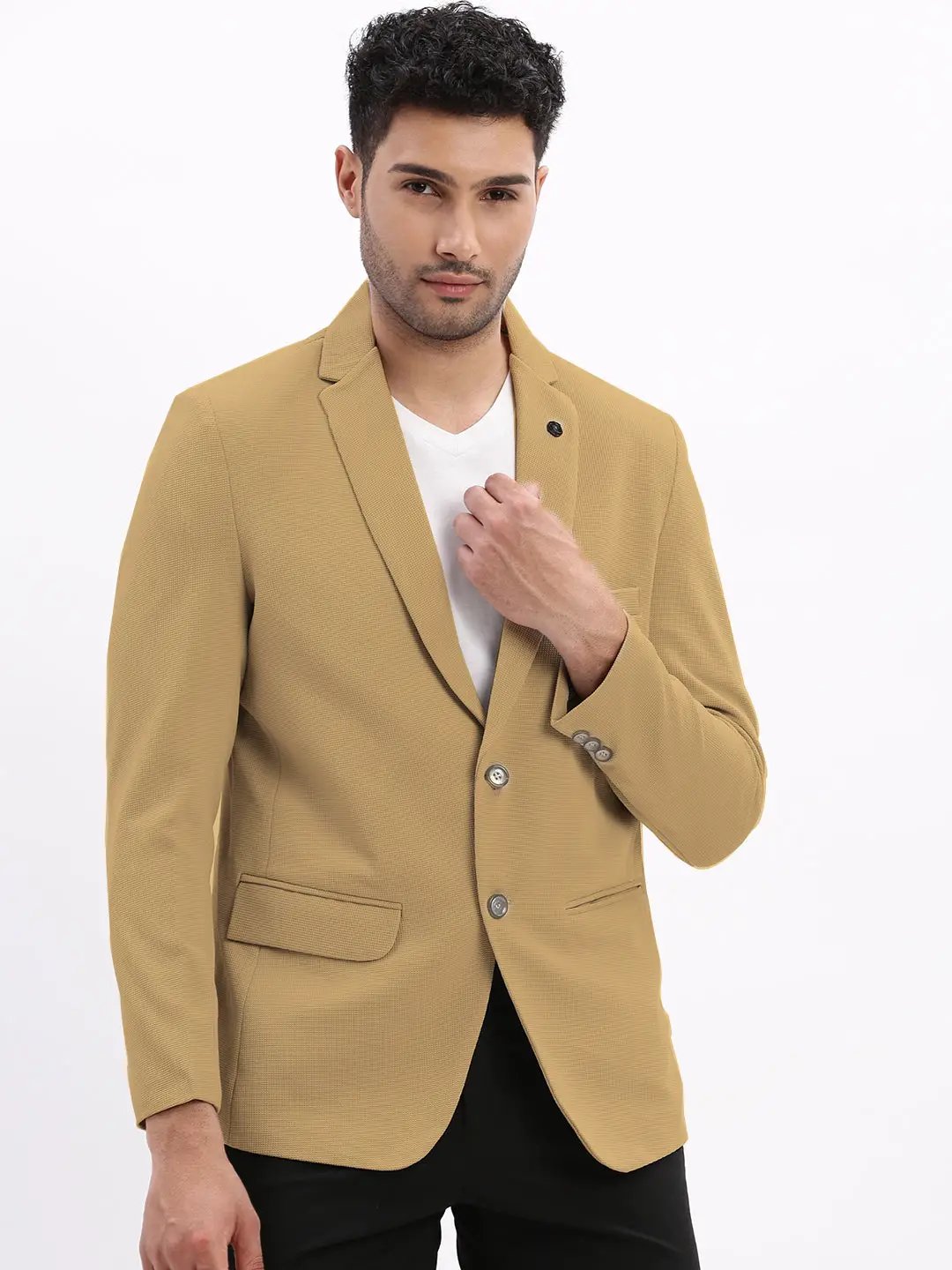 Men's Beige Solid Single Breasted Blazer