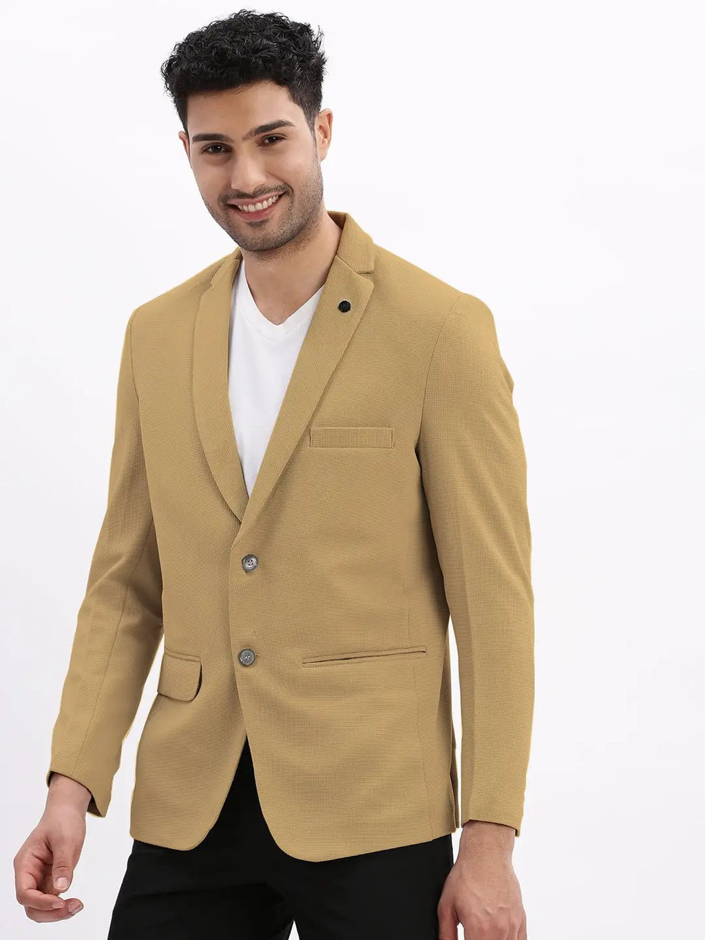 Men's Beige Solid Single Breasted Blazer
