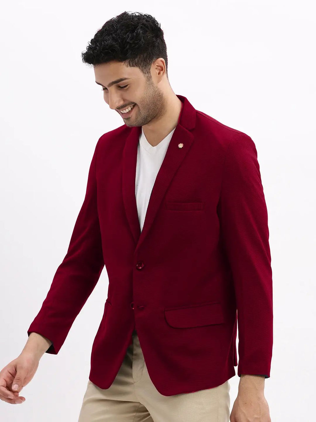Men's Burgundy Solid Single Breasted Blazer
