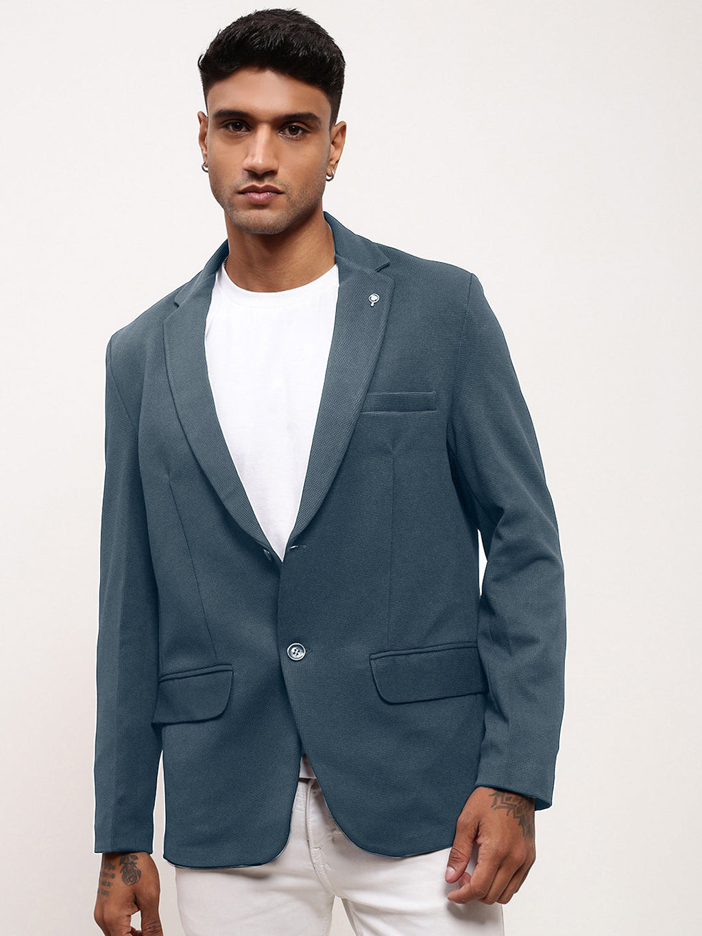 Men's Charcoal Solid Single Breasted Blazer