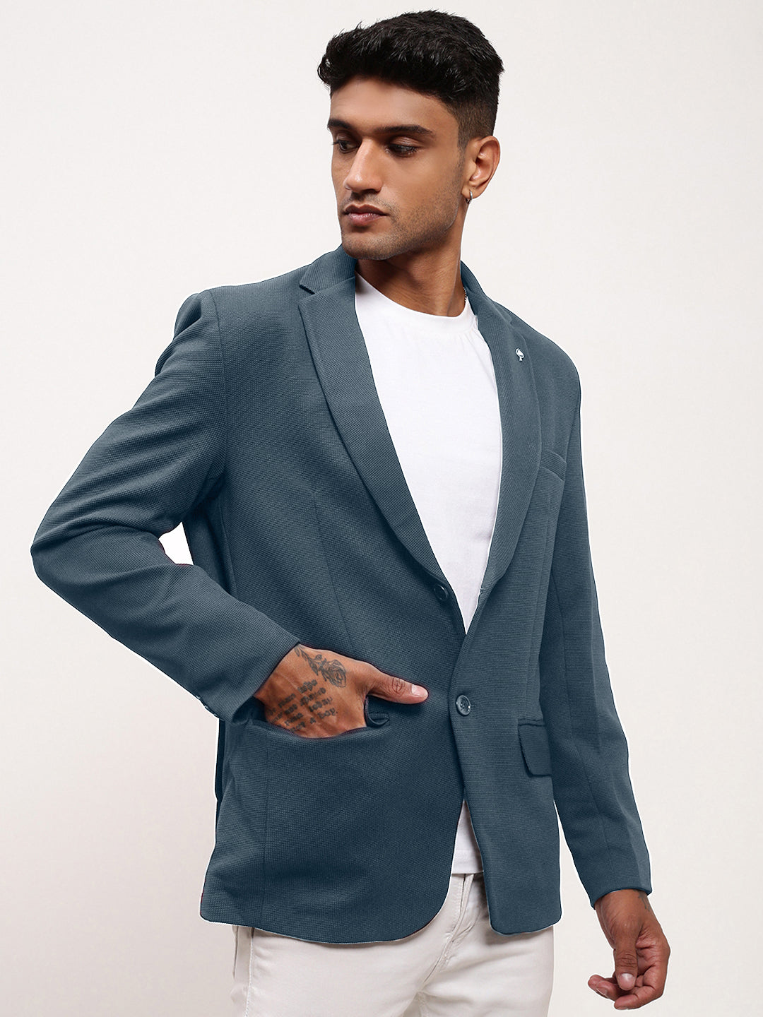 Men's Charcoal Solid Single Breasted Blazer