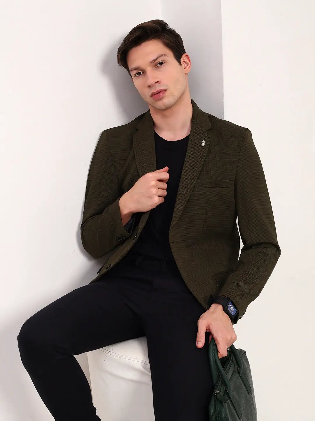 Men's Green Solid Single Breasted Cotton Blazer