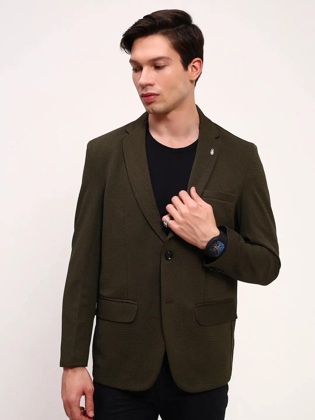 Men's Green Solid Single Breasted Cotton Blazer
