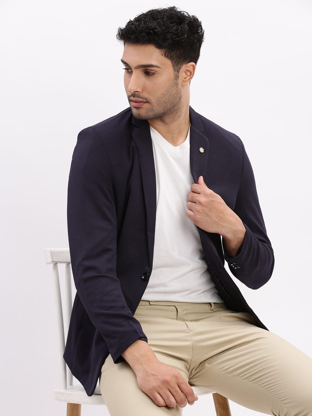 Men's Navy Blue Slim-Fit Notched Lapel Collar Single Breasted Cotton Casual Blazer