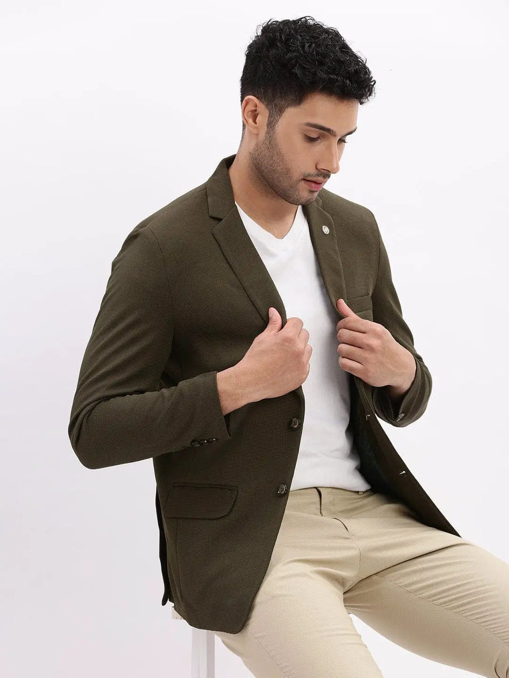 Men's Olive Slim-Fit Single Breasted Notched Lapel Collar Cotton Casual Blazer