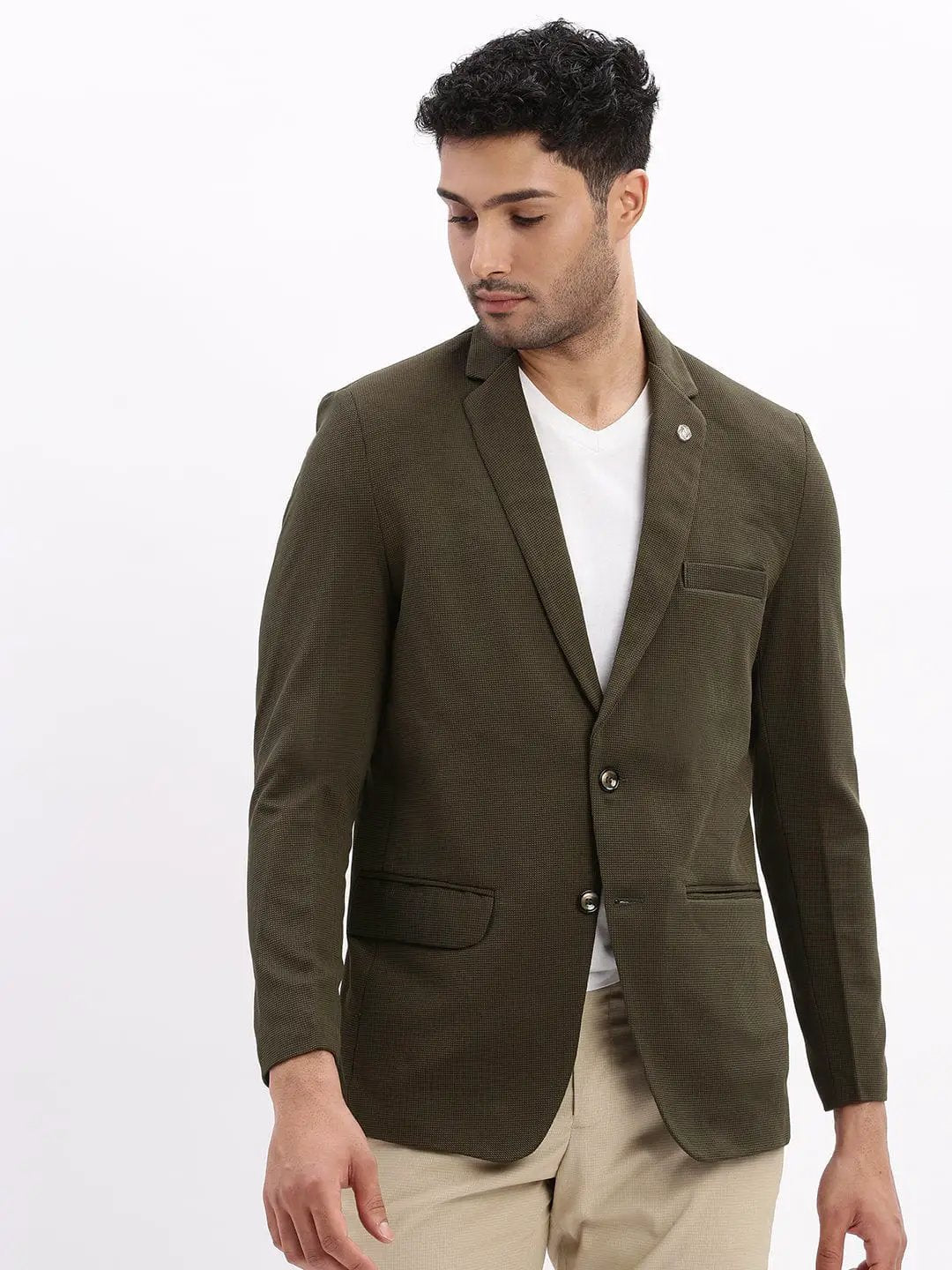 Men's Olive Slim-Fit Single Breasted Notched Lapel Collar Cotton Casual Blazer