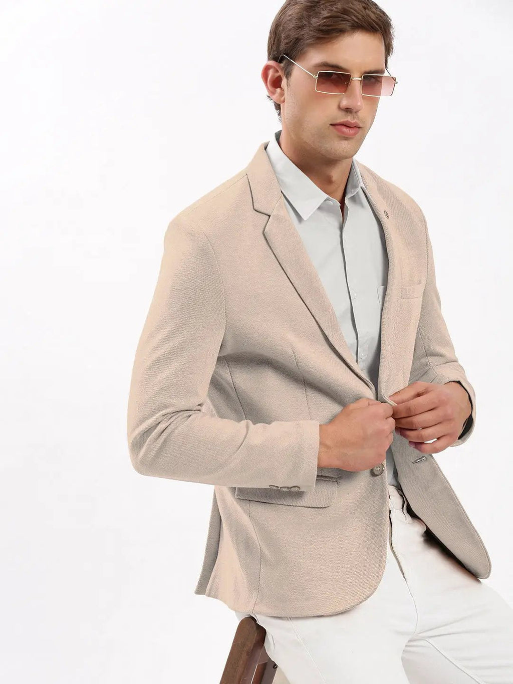 Men's Beige Single-Breasted Slim Fit Blazer with Notched Lapel
