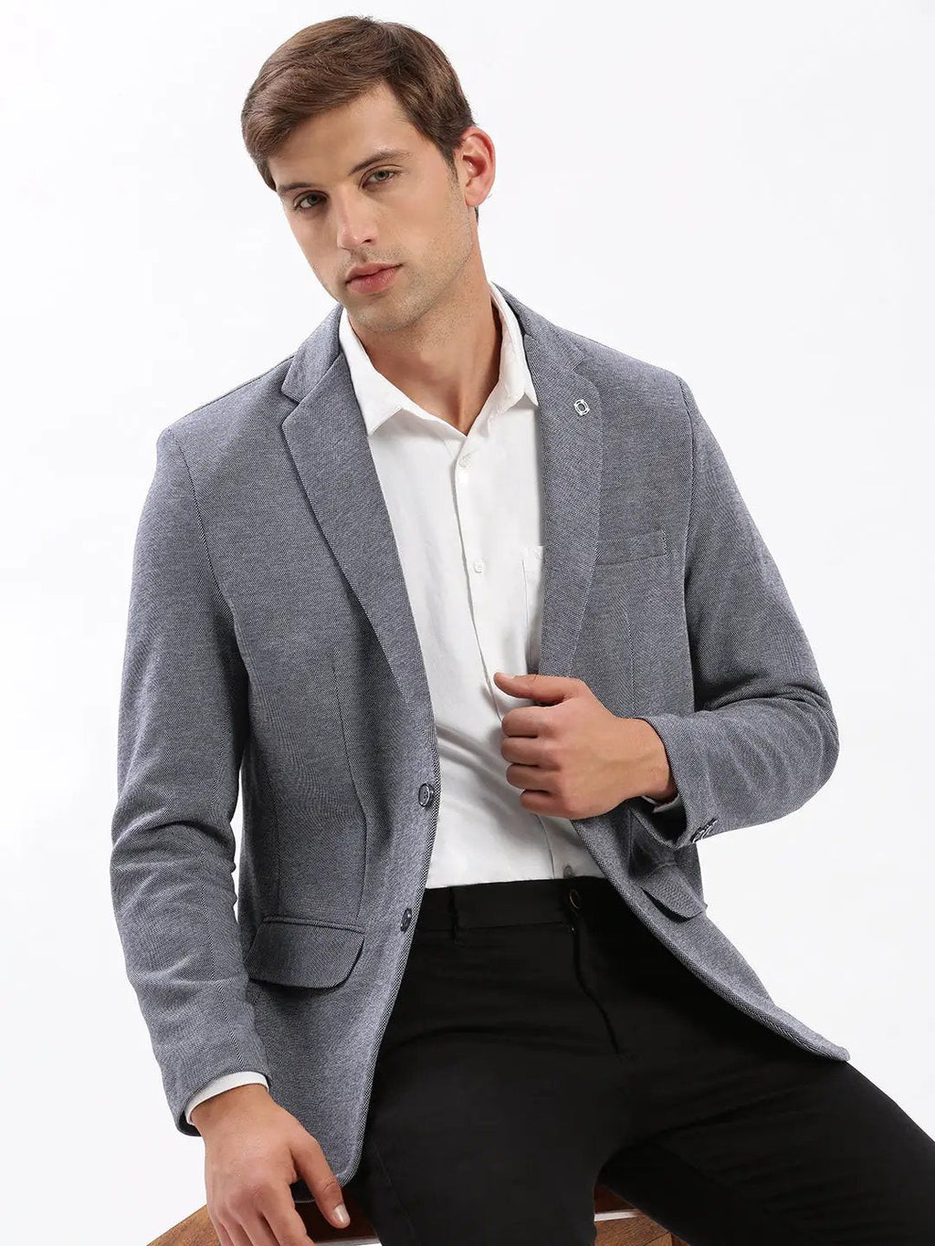 Men's Notched Lapel Solid Blue Single-Breasted Blazer