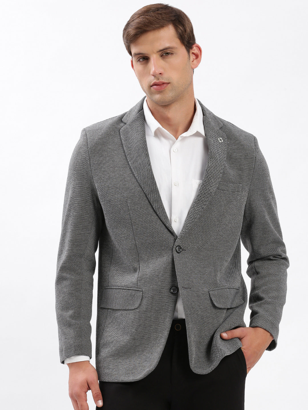 Men's Grey Notched Lapel Collar Slim-Fit Single Breasted Blazer
