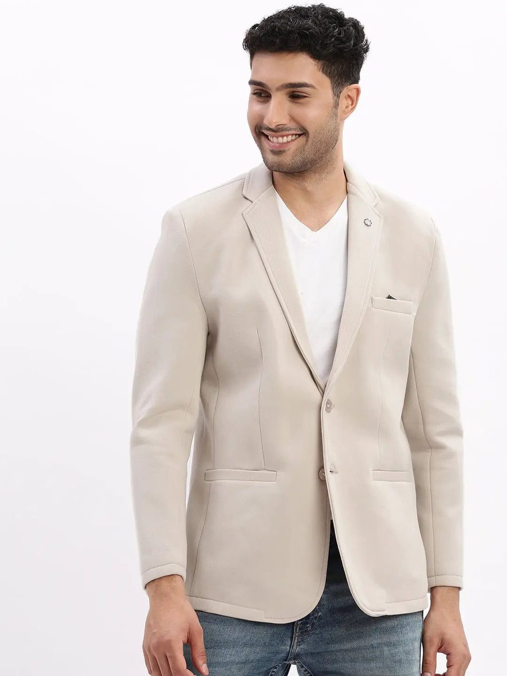 Men's Beige Solid Single Breasted Blazer