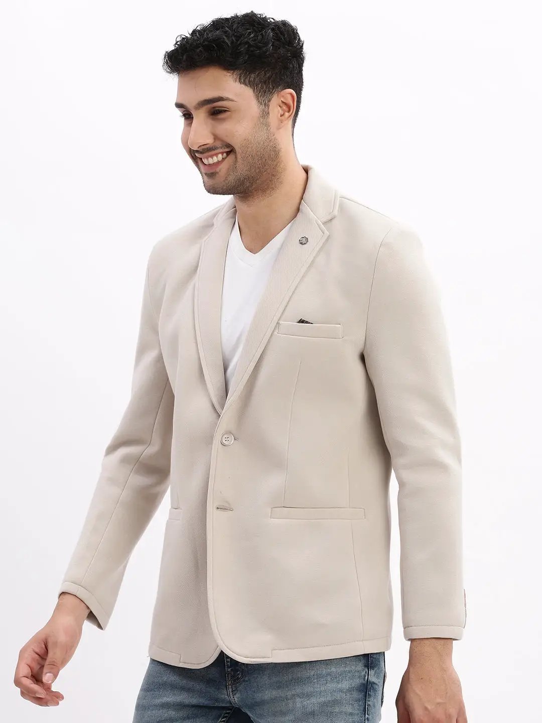 Men's Beige Solid Single Breasted Blazer